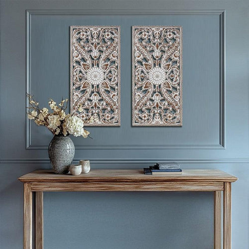 2 PCS Botanical Panel Distressed Carved Wood Wall Decor.