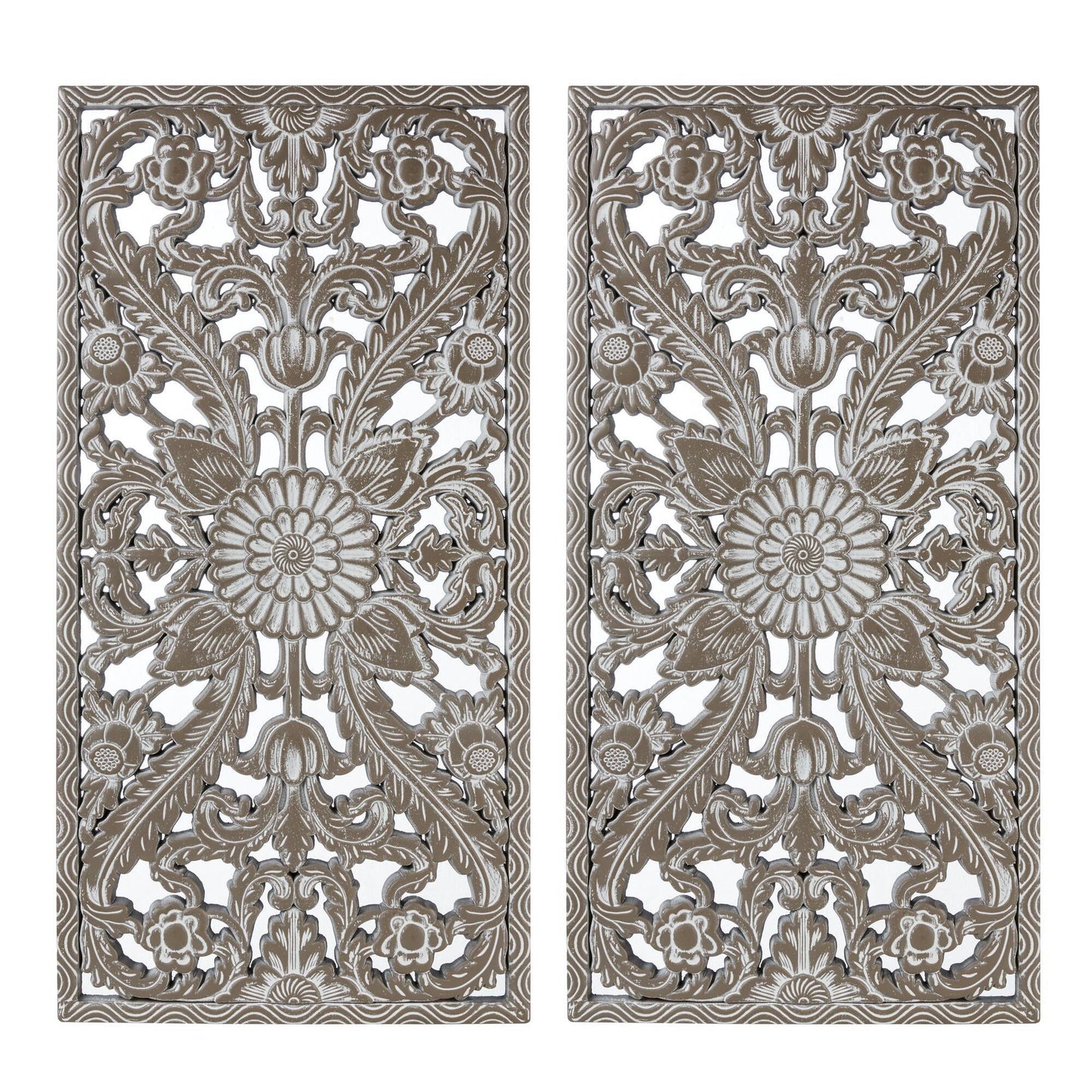 2 PCS Botanical Panel Distressed Carved Wood Wall Decor Set Wall Decor
