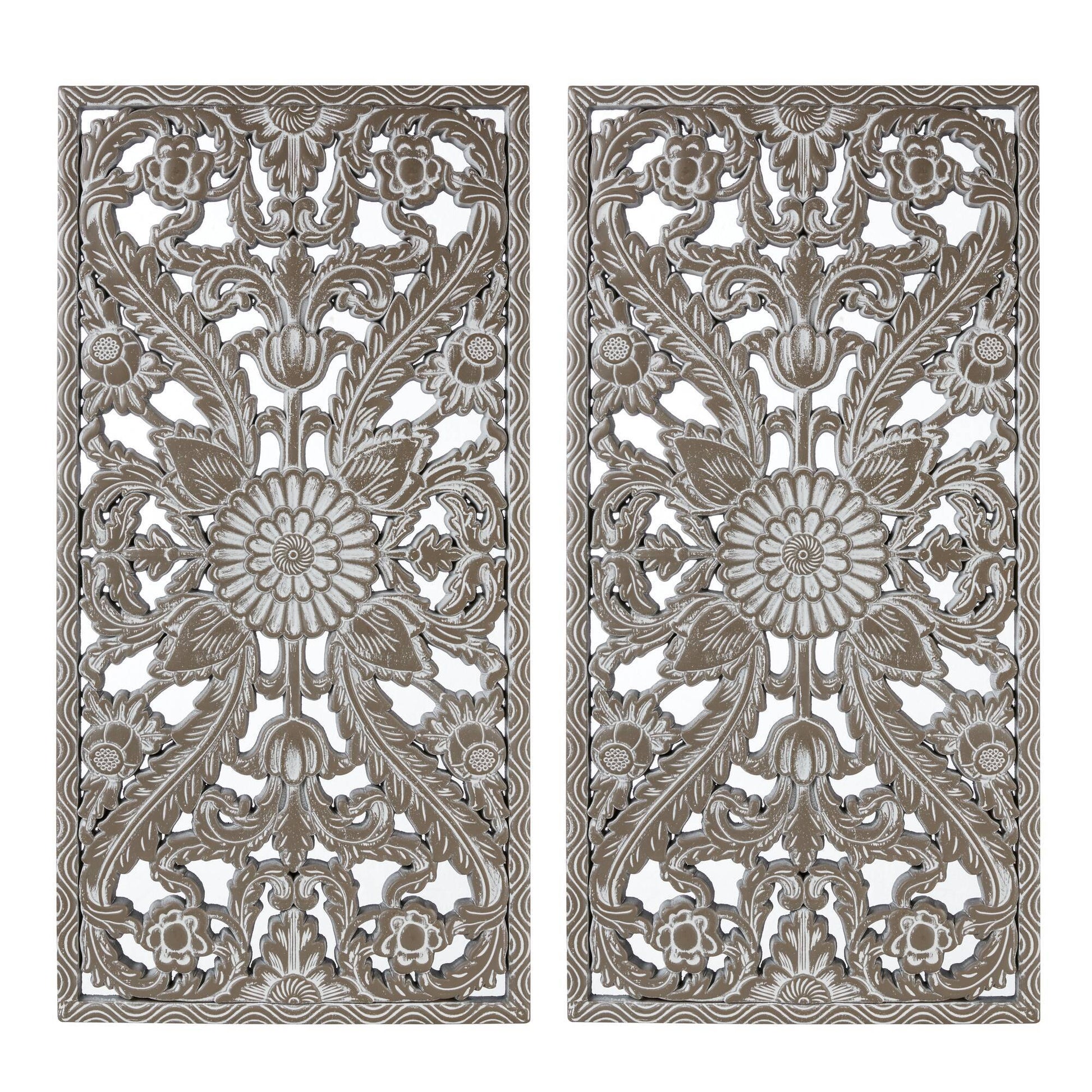 2 PCS Botanical Panel Distressed Carved Wood Wall Decor Set Wall Decor