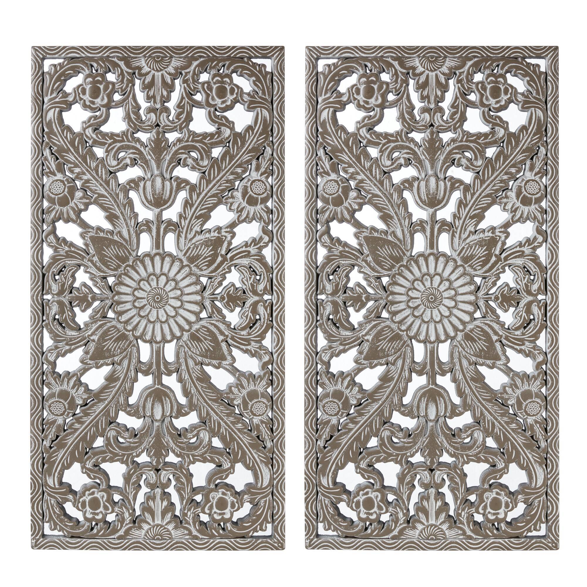 2 PCS Botanical Panel Distressed Carved Wood Wall Decor Set Wall Decor
