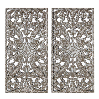 2 PCS Botanical Panel Distressed Carved Wood Wall Decor Set Wall Decor
