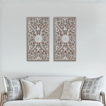 2 PCS Botanical Panel Distressed Carved Wood Wall Decor Set Wall Decor