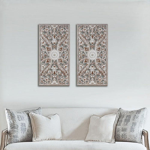 2 PCS Botanical Panel Distressed Carved Wood Wall Decor.