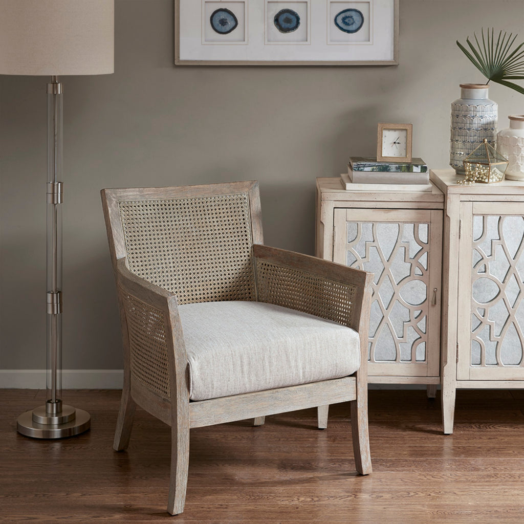 Cane Armchair with Natural Wood Finish and High-Density Foam in Cream Polyester Accent Chair