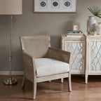 Cane Armchair with Natural Wood Finish and High-Density Foam in Cream Polyester Accent Chair