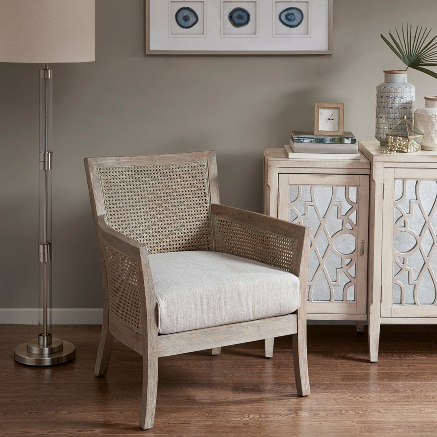 Cane Armchair with Natural Wood Finish and High-Density Foam in Cream Polyester Accent Chair