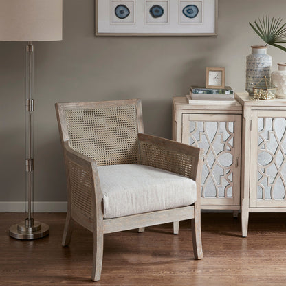 Cane Armchair with Natural Wood Finish and High-Density Foam in Cream Polyester Accent Chair