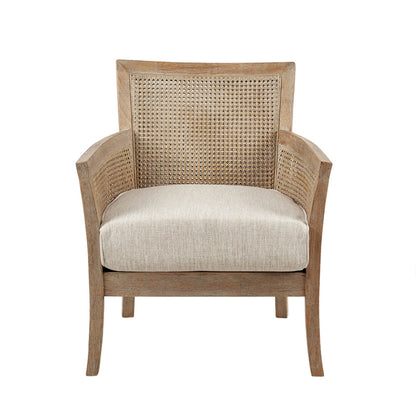 Cane Armchair with Natural Wood Finish and High-Density Foam in Cream Polyester Accent Chair