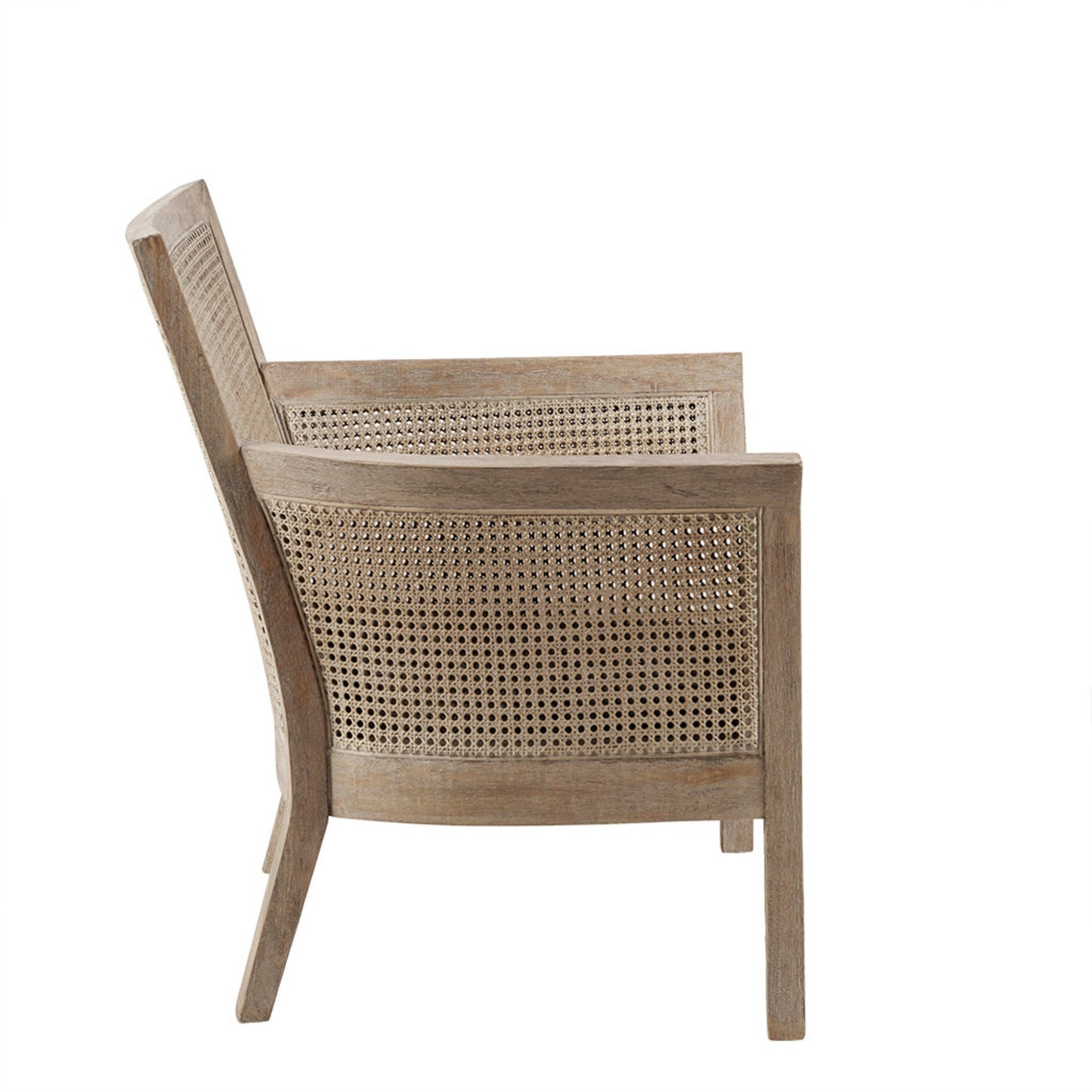 Cane Armchair with Natural Wood Finish and High-Density Foam in Cream Polyester Accent Chair