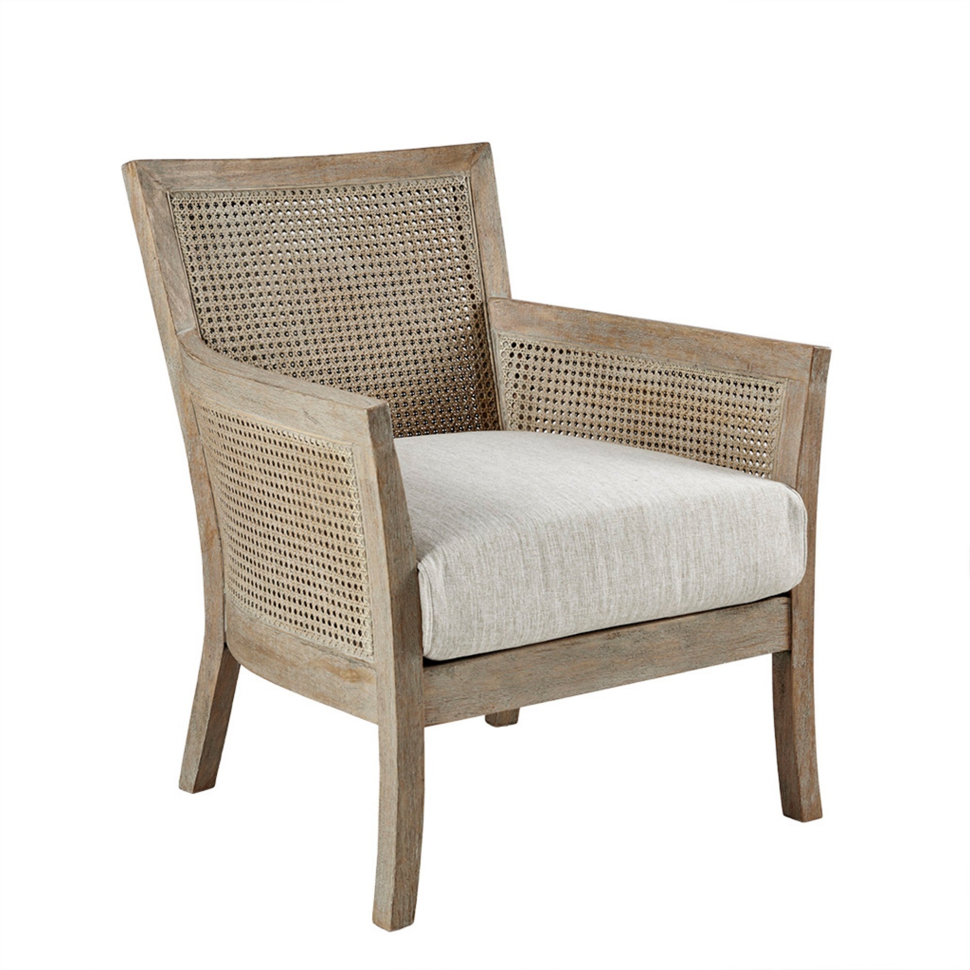 Cane Armchair with Natural Wood Finish and High-Density Foam in Cream Polyester Accent Chair