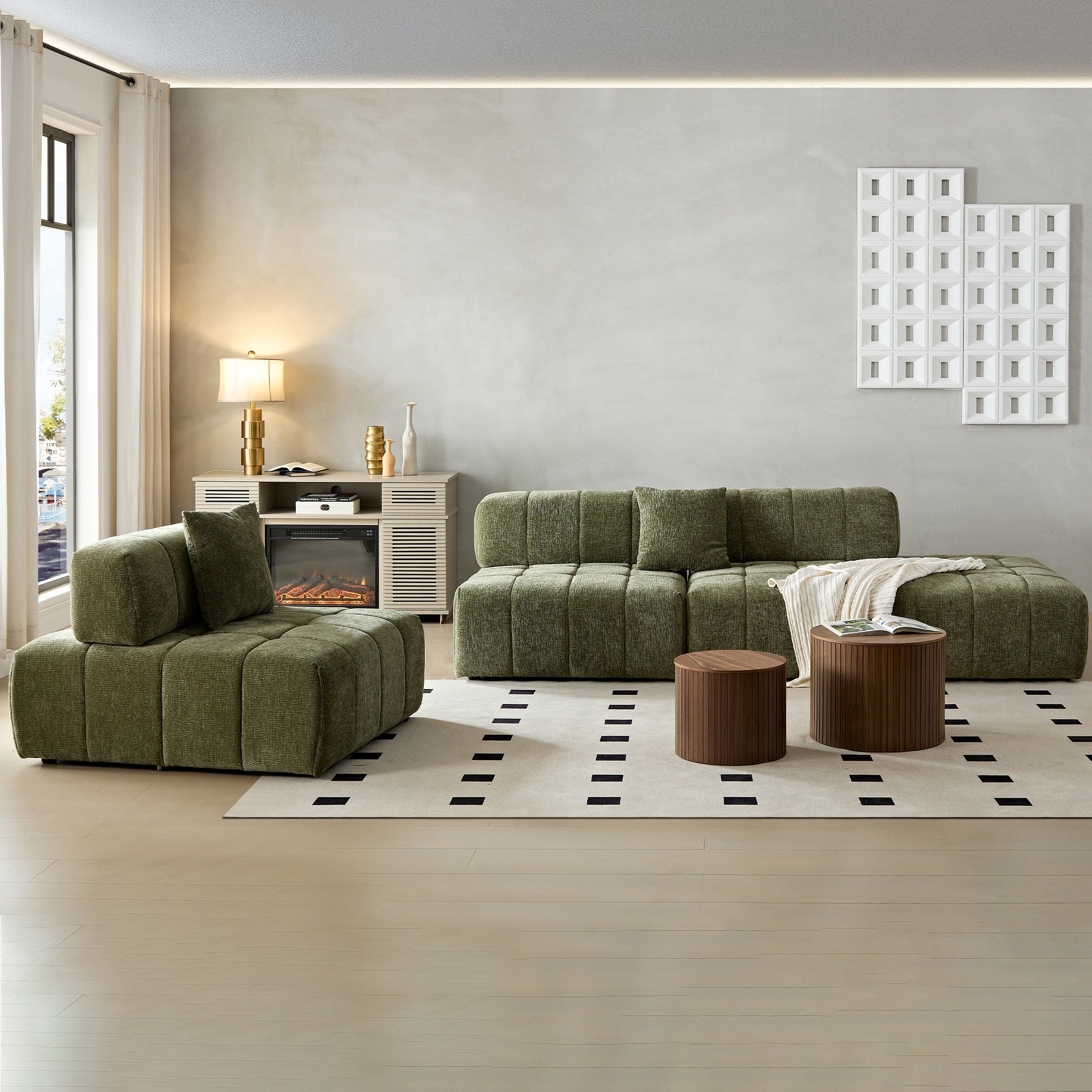WKS3 Piano key combination sofa, 2 single seats plus 1 luxury cloth sofa, Green Sectional Sofa
