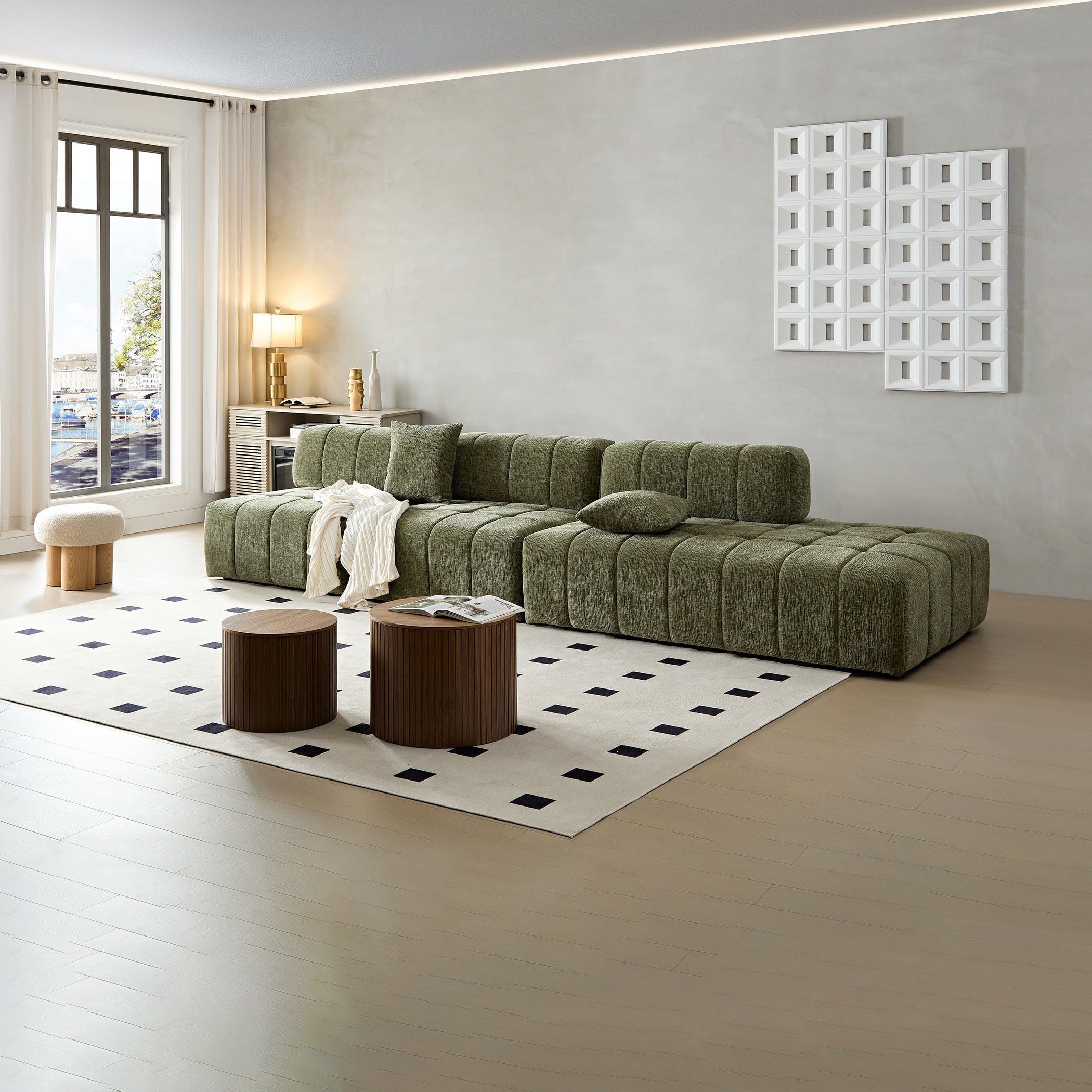 WKS3 Piano key combination sofa, 2 single seats plus 1 luxury cloth sofa, Green Sectional Sofa