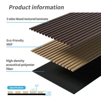 Wood Panels for Wall Slat Wall Panels, 4PC Wood Slat Acoustic Panels for Wall and Ceiling - 3D Fluted Sound Absorbing Panel with Three Sides Fully Wrapped on Wood Finish -45.27''X23.62''(Dark walnut)
