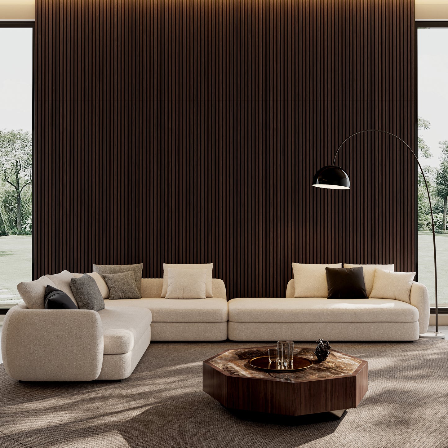 Wood Panels for Wall Slat Wall Panels, 4PC Wood Slat Acoustic Panels for Wall and Ceiling - 3D Fluted Sound Absorbing Panel with Three Sides Fully Wrapped on Wood Finish -45.27''X23.62''(Dark walnut)