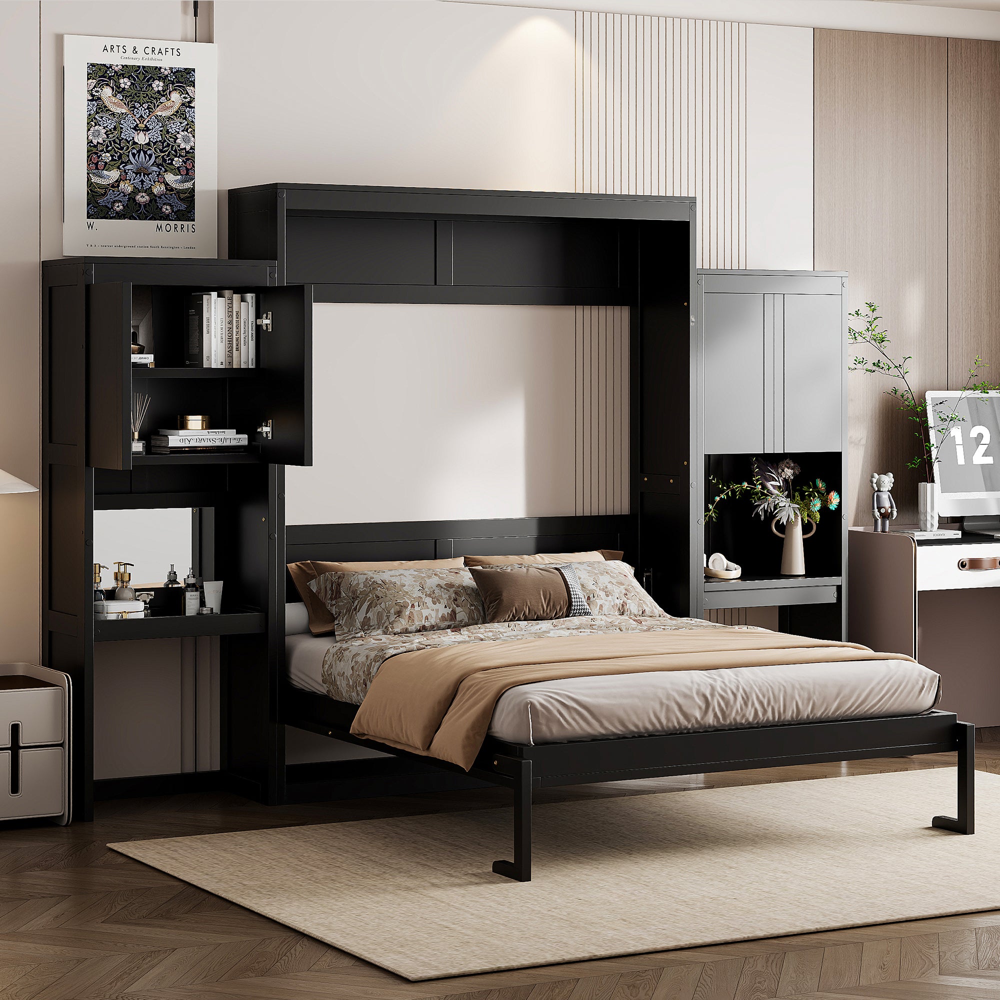 Queen Size Murphy Bed with Desk, Vanity and Cabinets, Espresso(OLD SKU: N820S00057P) Bed Frame