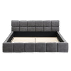 Elegant Beige Chenille Upholstered Bed with Checkerboard Design, Queen, Grey Bed Frame