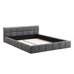 Elegant Beige Chenille Upholstered Bed with Checkerboard Design, Queen, Grey Bed Frame