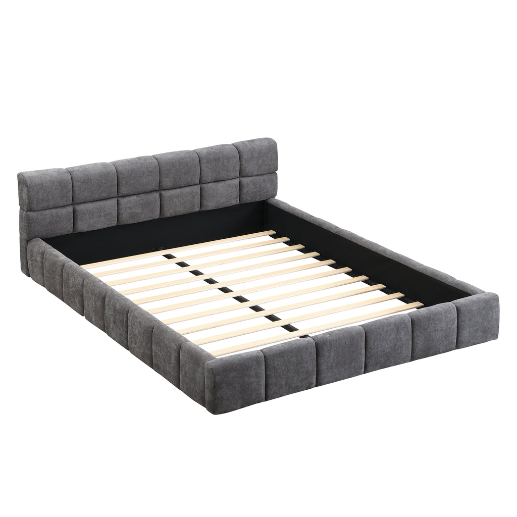 Elegant Beige Chenille Upholstered Bed with Checkerboard Design, Queen, Grey Bed Frame