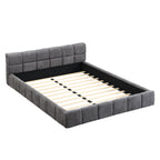 Elegant Beige Chenille Upholstered Bed with Checkerboard Design, Queen, Grey Bed Frame