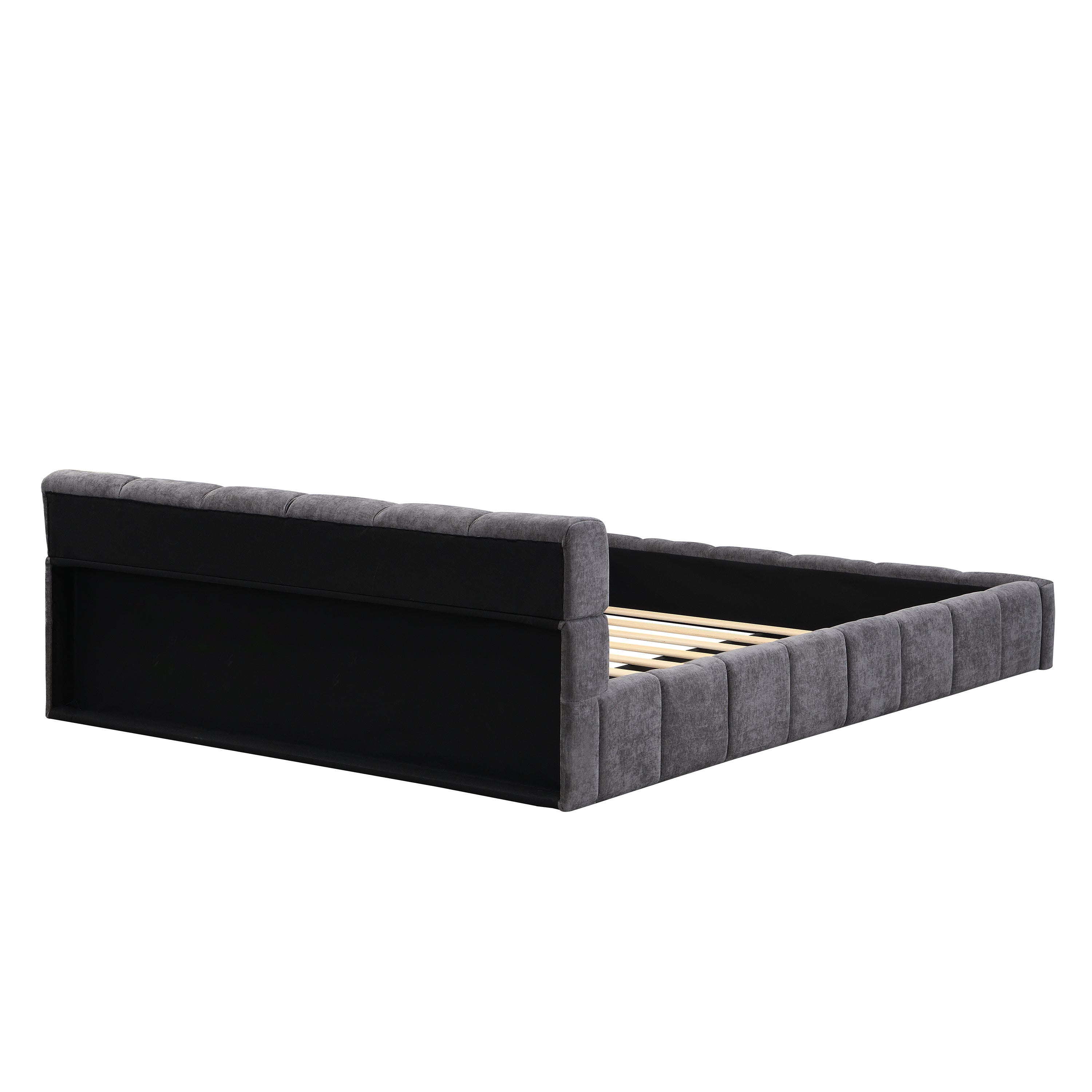 Elegant Beige Chenille Upholstered Bed with Checkerboard Design, Queen, Grey Bed Frame