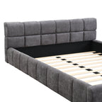 Elegant Beige Chenille Upholstered Bed with Checkerboard Design, Queen, Grey Bed Frame
