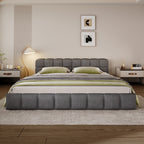 Elegant Beige Chenille Upholstered Bed with Checkerboard Design, Queen, Grey Bed Frame