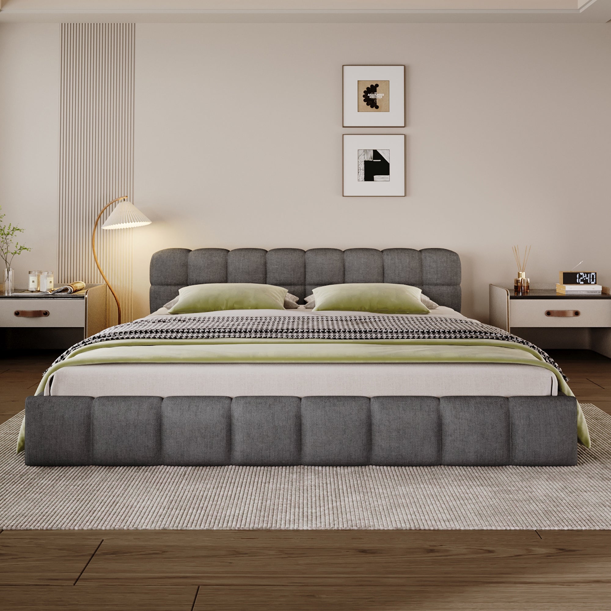 Elegant Beige Chenille Upholstered Bed with Checkerboard Design, Queen, Grey Bed Frame