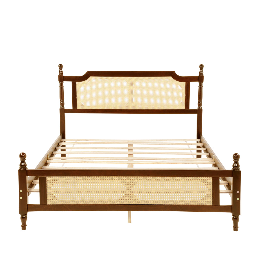 Queen Pine wooden Bed with Rattan Headboard and Footboard, with Central Enhanced Bed Platform,Walnut