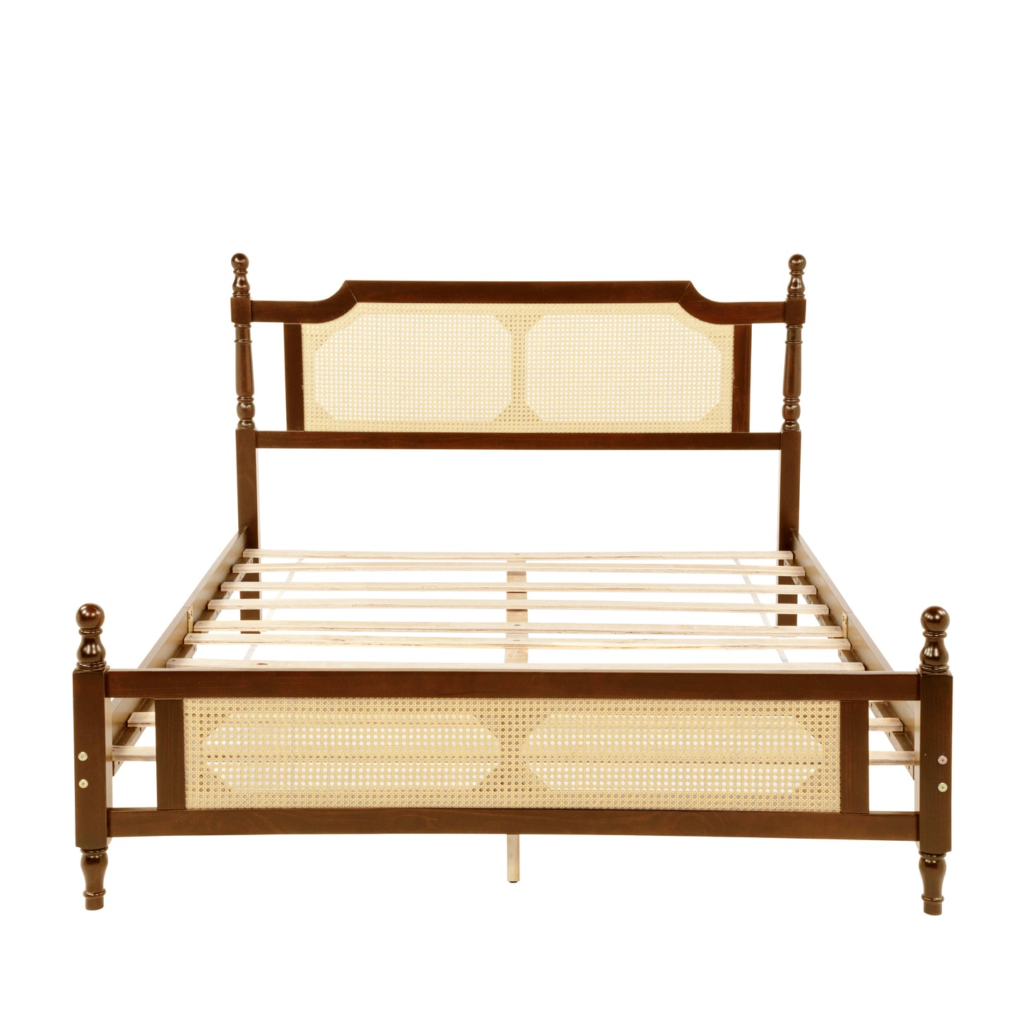 Queen Pine wooden Bed with Rattan Headboard and Footboard, with Central Enhanced Bed Platform,Walnut