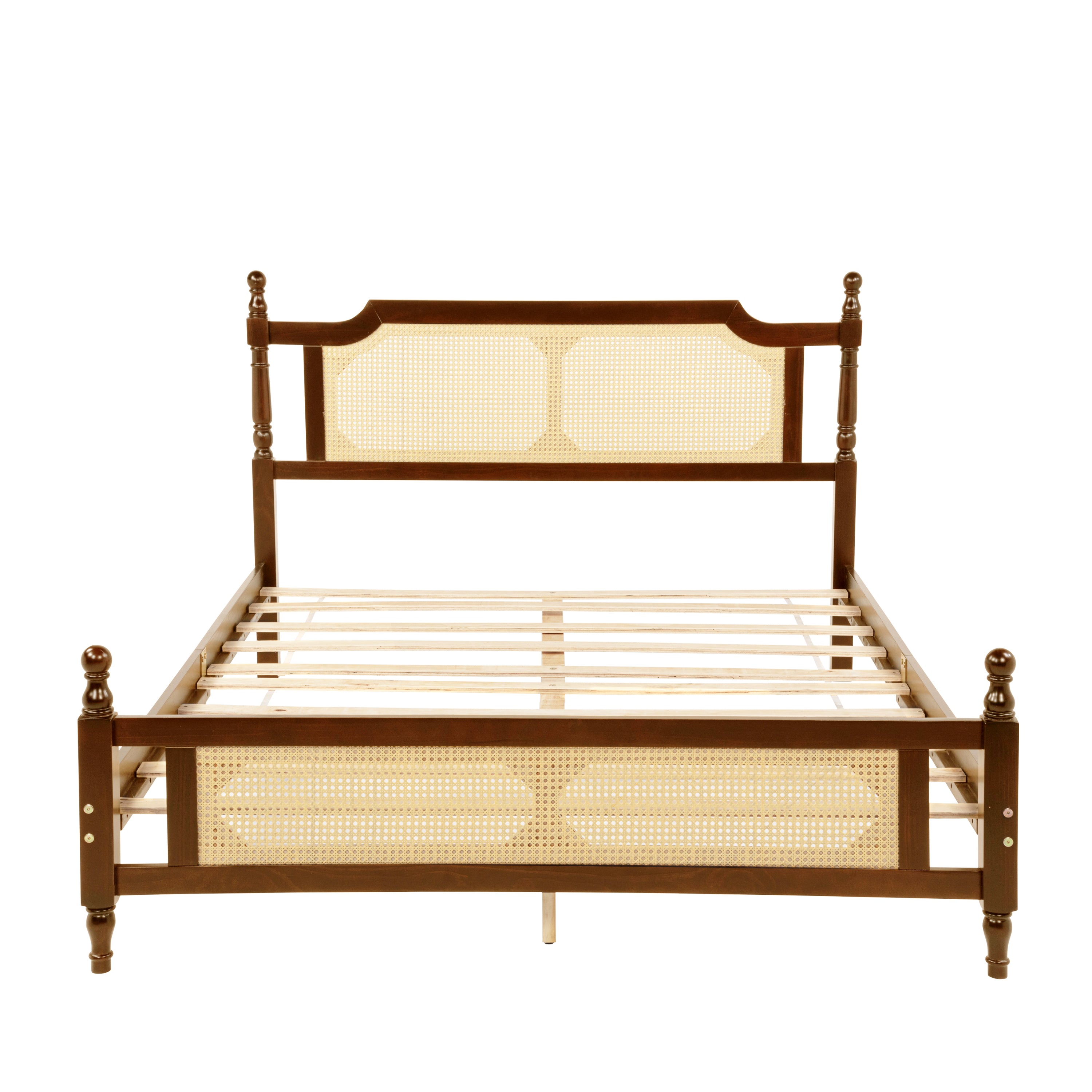 Queen Pine wooden Bed with Rattan Headboard and Footboard, with Central Enhanced Bed Platform,Walnut