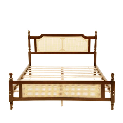 Queen Pine wooden Bed with Rattan Headboard and Footboard, with Central Enhanced Bed Platform,Walnut