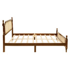 Queen Pine wooden Bed with Rattan Headboard and Footboard, with Central Enhanced Bed Platform,Walnut