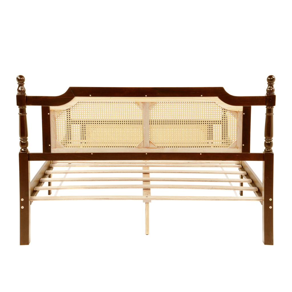 Queen Pine wooden Bed with Rattan Headboard and Footboard, with Central Enhanced Bed Platform,Walnut