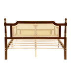 Queen Pine wooden Bed with Rattan Headboard and Footboard, with Central Enhanced Bed Platform,Walnut
