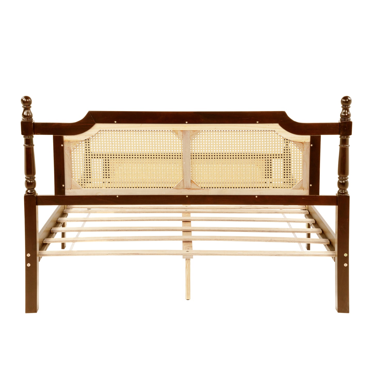 Queen Pine wooden Bed with Rattan Headboard and Footboard, with Central Enhanced Bed Platform,Walnut