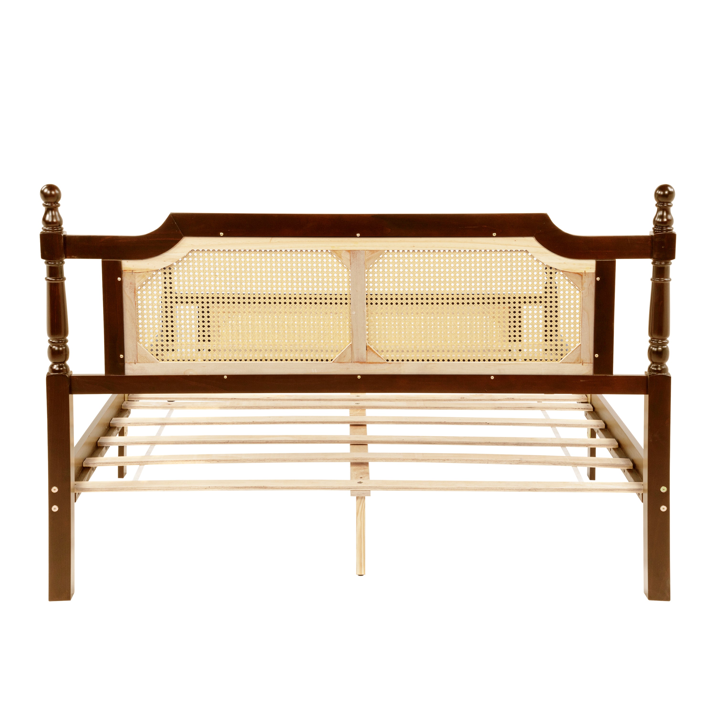 Queen Pine wooden Bed with Rattan Headboard and Footboard, with Central Enhanced Bed Platform,Walnut
