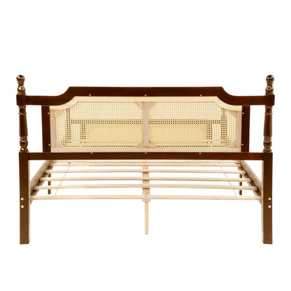 Queen Pine wooden Bed with Rattan Headboard and Footboard, with Central Enhanced Bed Platform,Walnut