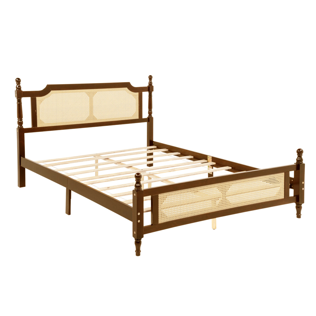 Queen Pine wooden Bed with Rattan Headboard and Footboard, with Central Enhanced Bed Platform,Walnut