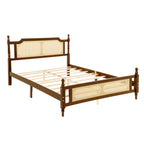 Queen Pine wooden Bed with Rattan Headboard and Footboard, with Central Enhanced Bed Platform,Walnut