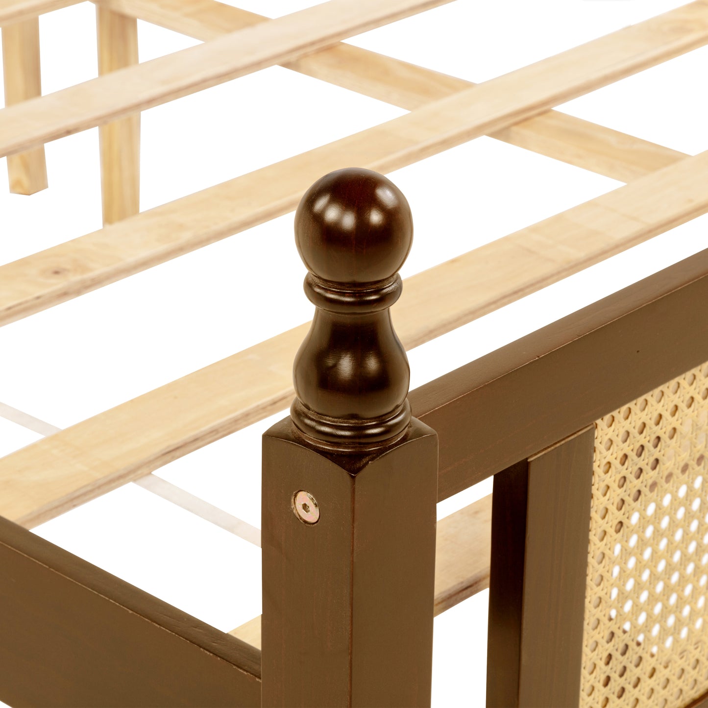 Queen Pine wooden Bed with Rattan Headboard and Footboard, with Central Enhanced Bed Platform,Walnut
