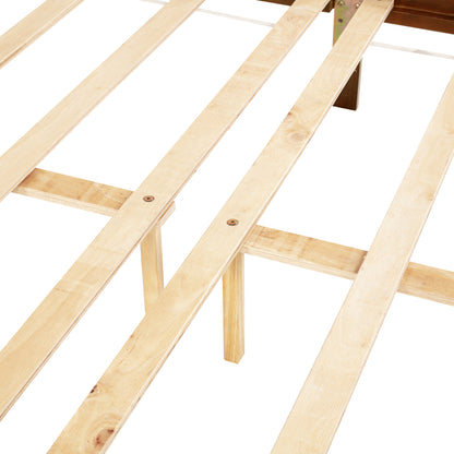 Queen Pine wooden Bed with Rattan Headboard and Footboard, with Central Enhanced Bed Platform,Walnut