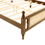 Queen Pine wooden Bed with Rattan Headboard and Footboard, with Central Enhanced Bed Platform,Walnut