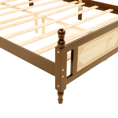 Queen Pine wooden Bed with Rattan Headboard and Footboard, with Central Enhanced Bed Platform,Walnut
