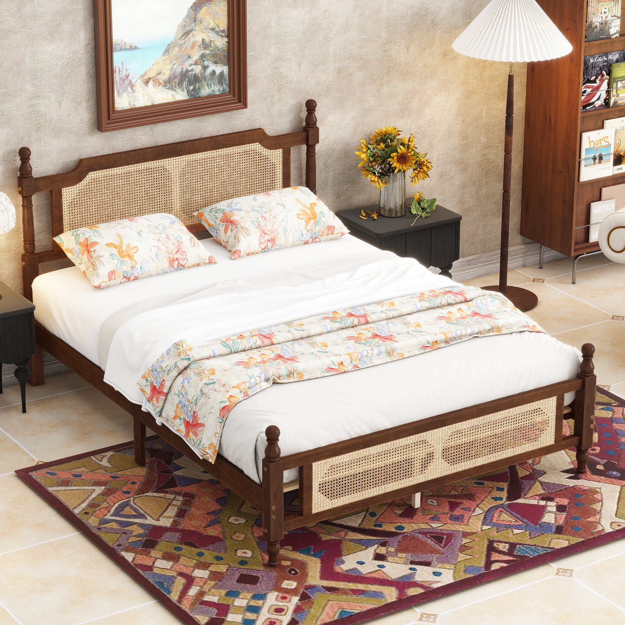 Queen Pine wooden Bed with Rattan Headboard and Footboard, with Central Enhanced Bed Platform,Walnut