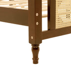 Queen Pine wooden Bed with Rattan Headboard and Footboard, with Central Enhanced Bed Platform,Walnut