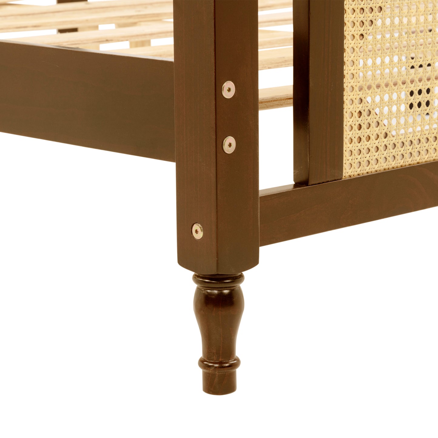 Queen Pine wooden Bed with Rattan Headboard and Footboard, with Central Enhanced Bed Platform,Walnut