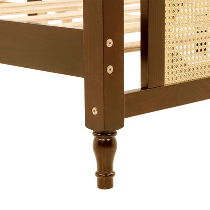Queen Pine wooden Bed with Rattan Headboard and Footboard, with Central Enhanced Bed Platform,Walnut