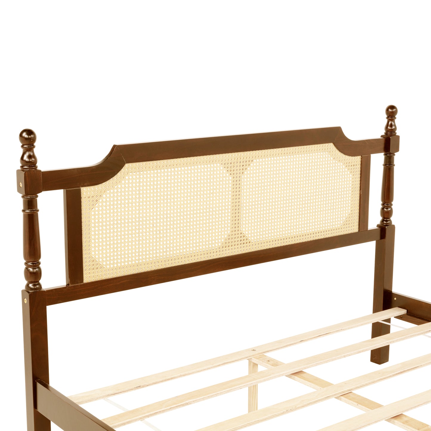 Queen Pine wooden Bed with Rattan Headboard and Footboard, with Central Enhanced Bed Platform,Walnut