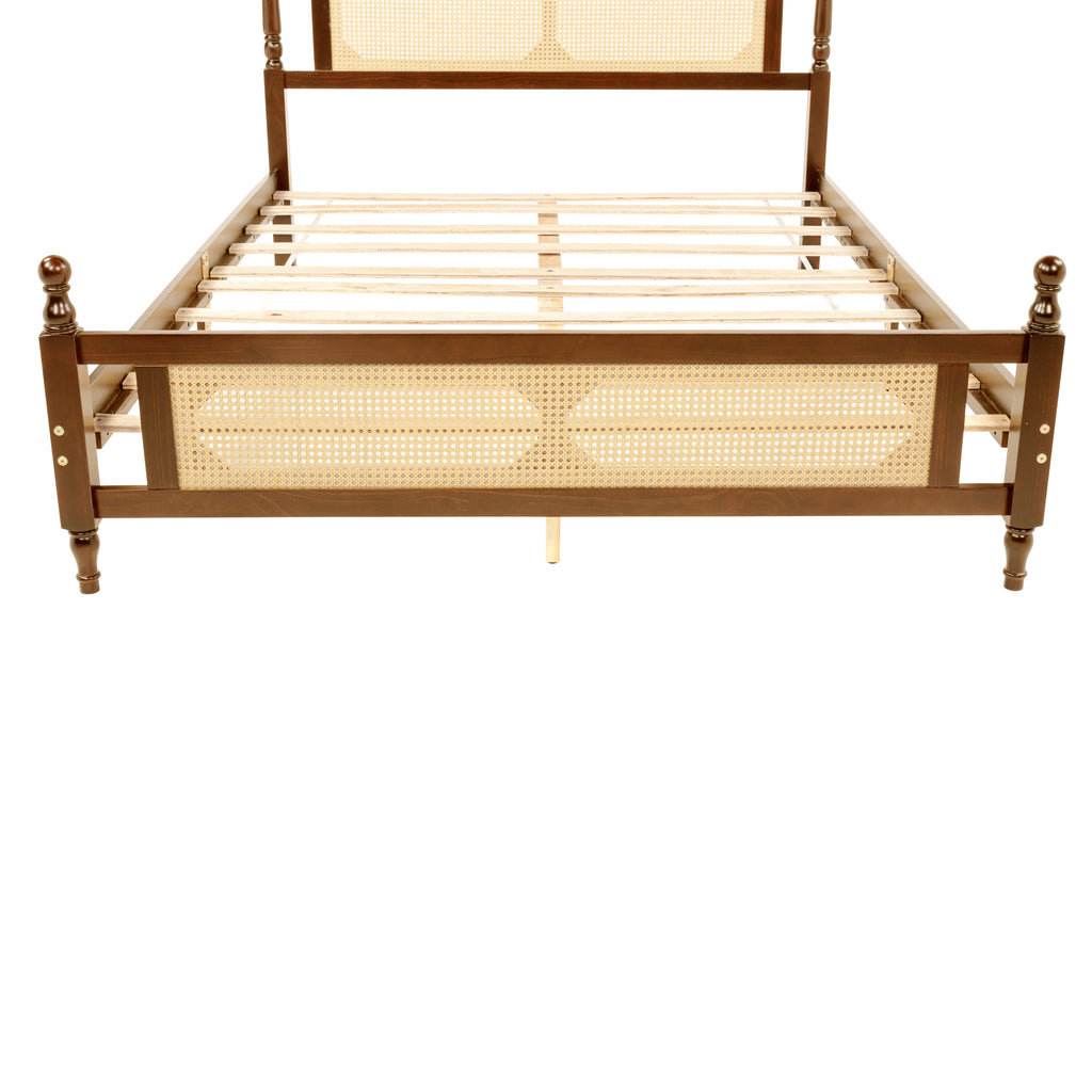 Queen Pine wooden Bed with Rattan Headboard and Footboard, with Central Enhanced Bed Platform,Walnut