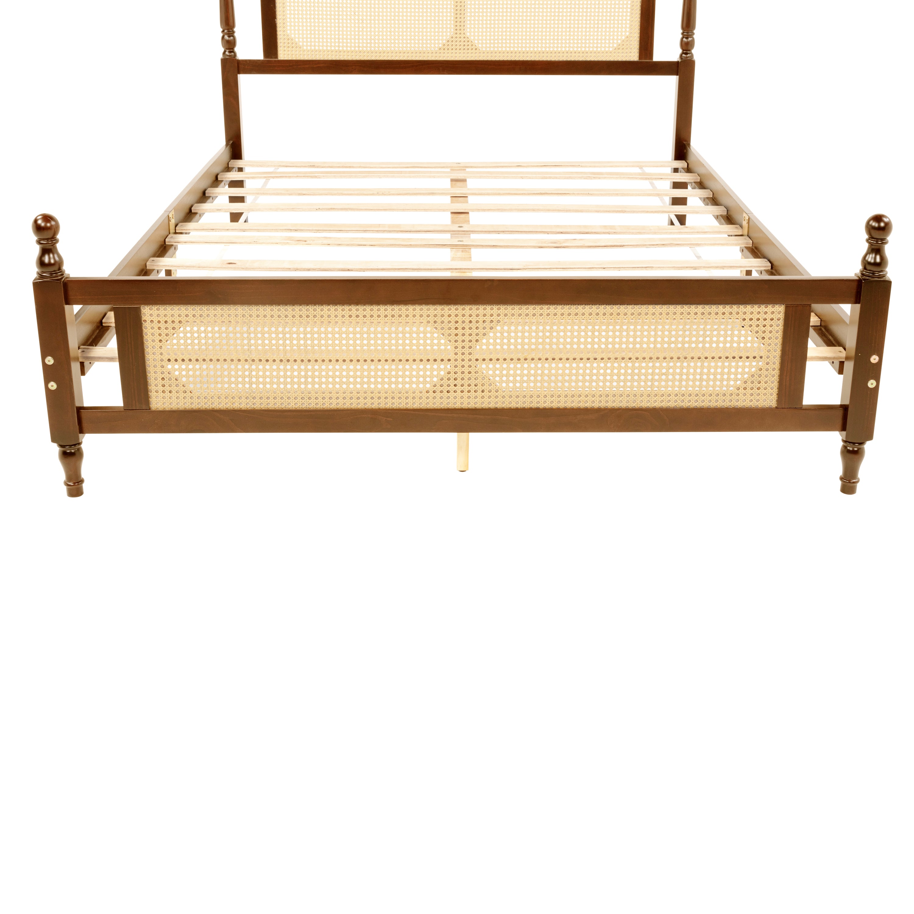 Queen Pine wooden Bed with Rattan Headboard and Footboard, with Central Enhanced Bed Platform,Walnut